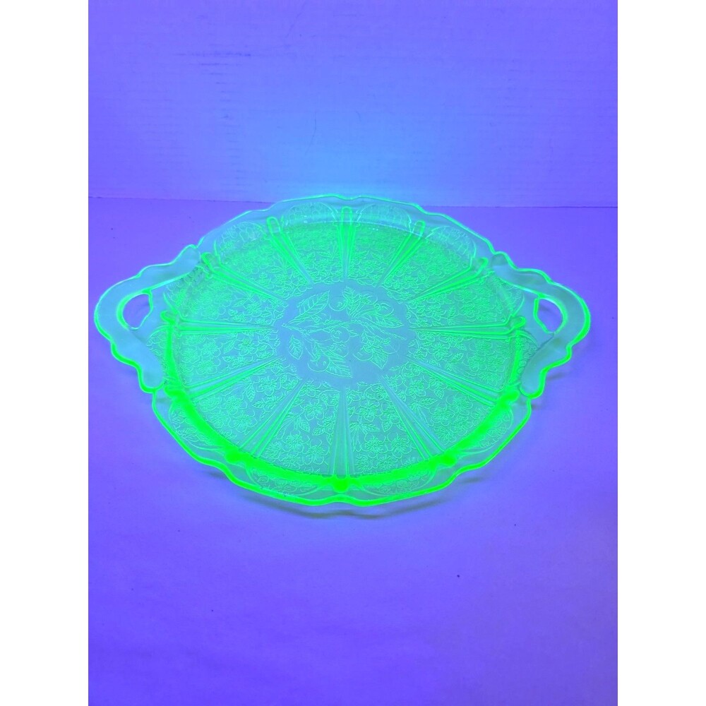 Jeanette Glass Uranium Depression Cherry Blossom 2 Handled Cake Tray Platter